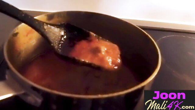 Joon Mali teases curvy ass cooking in thong, big booty closeup