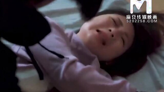 Chinese girl tied up in purple top, crying face during rough sex