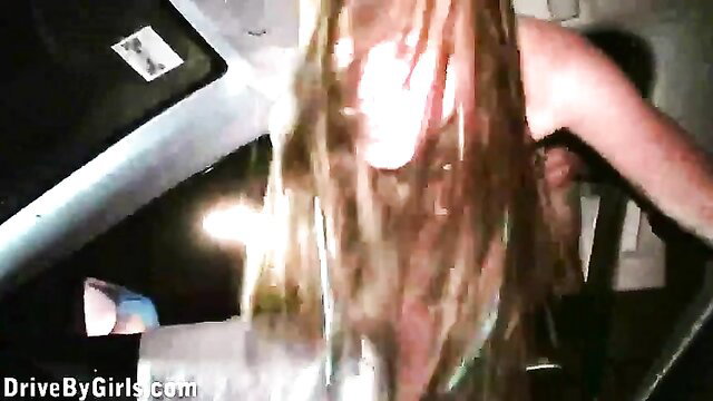 Blonde teen roughly gangbanged in car by group, public kink