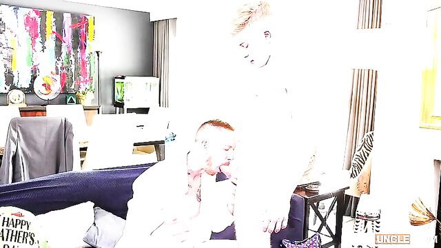 Stepdad Zacc Andrews gay oral sex on couch blowjob