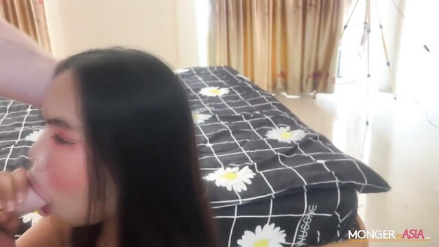 Thai newbie deepthroats big cock in hardcore threesome for cash