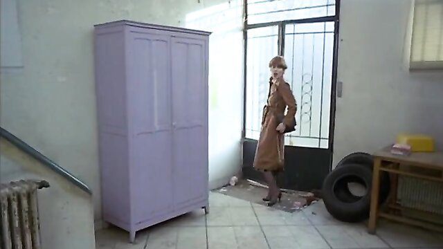 Diamond Baby in trenchcoat, vintage 1984 hairy pussy scene