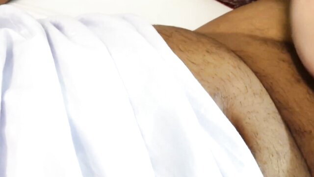 Hot Indian man's muscular hairy torso with white sheet, massive tits tease
