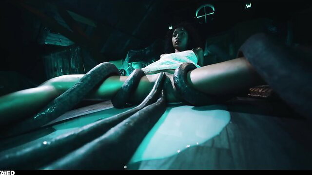 Hot Asian babe with big tits wrapped in tentacles in hentai scene