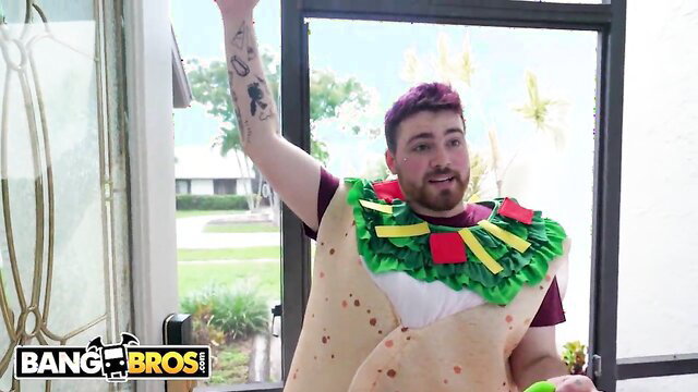 BangBros Halloween taco costume guy waving outdoors