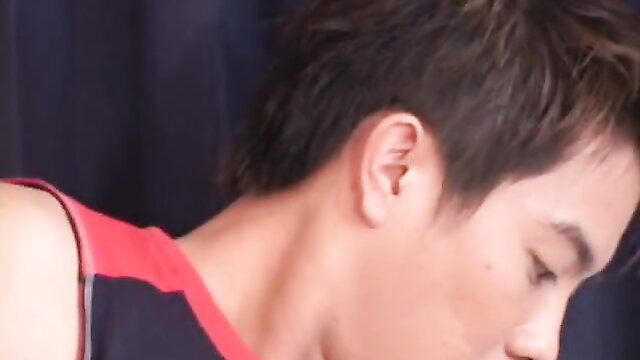 Shirtless Asian twink profile in tank top, showering BJs to 69