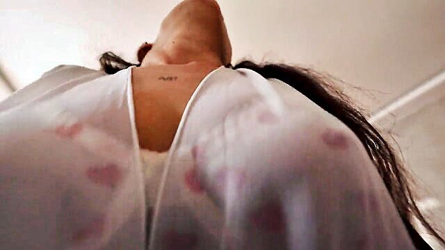 Kelly Aleman neck arched in sheer open blouse, teasing cleavage