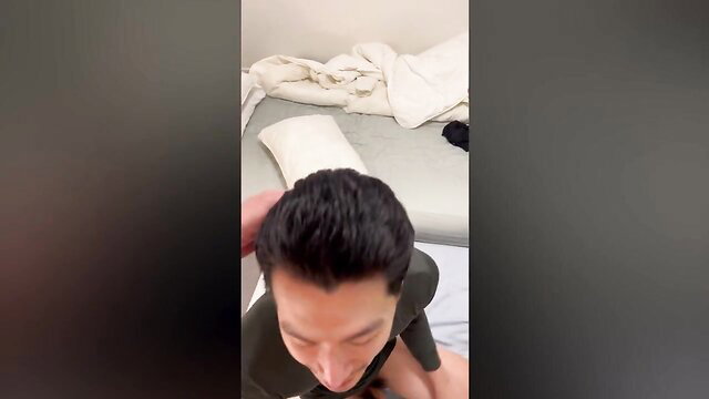 POV top view of Joshy breeding sub Asian boy on bed