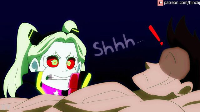 Cyberpunk 2069 Hinca-p green-haired anime girl shushing muscular man in bed