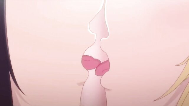 Busty anime teens in pink lingerie kissing passionately, hentai tease