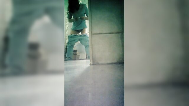 Sexy white girl pulls down pants, flashing tight ass in toilet