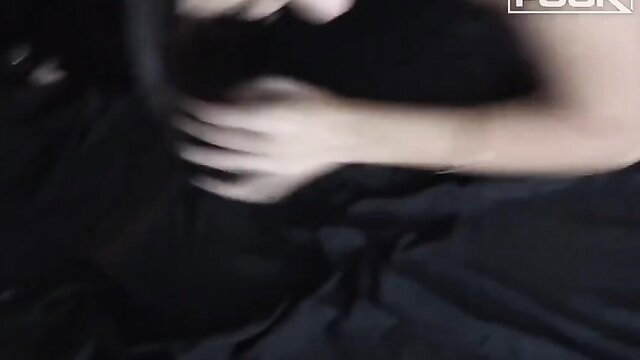 Blurry young woman in black lingerie grabs cock in homemade JOI tease