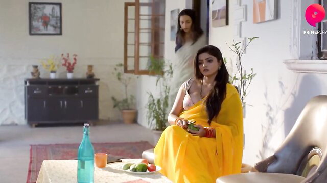 Indian beauty in sheer yellow saree, hot stepdaughter Zoe McDonald