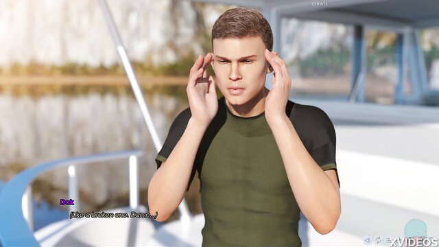 Handsome athletic guy on boat deck rubbing temples in hot teen roleplay