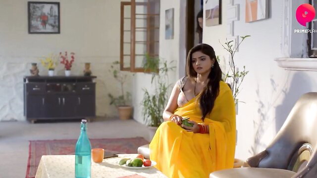Zoe McDonald in sheer yellow saree, hot Indian babe posing nude tits