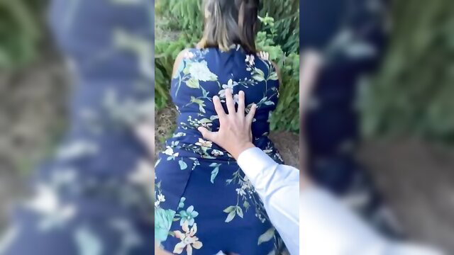 Hot MILF in floral dress groped from behind outdoors