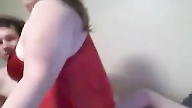 Hot BBW in red dress gives steamy blowjob to guy