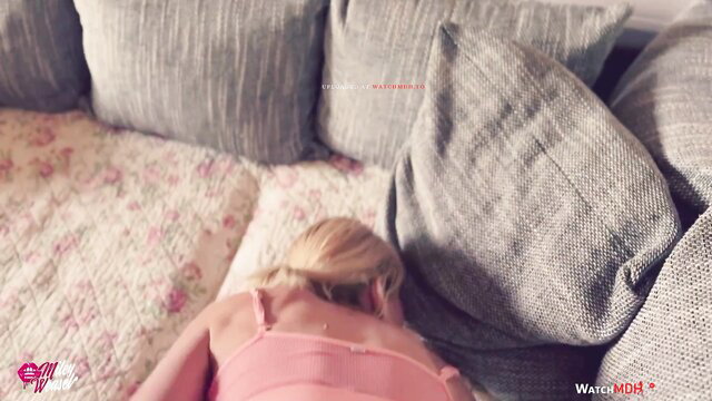 Miley Weasel blonde in pink top on bed, hot POV creampie tease