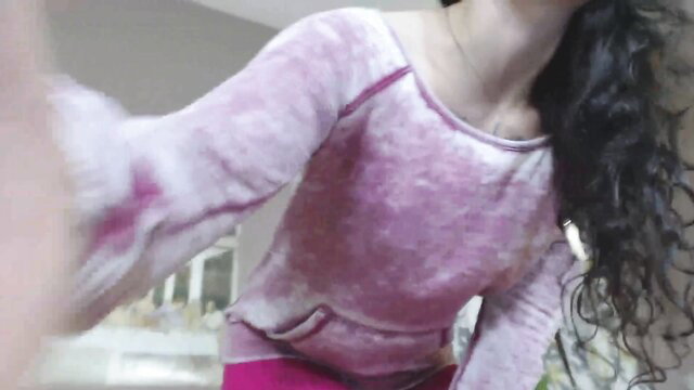 Goddess Green Eyed in pink fuzzy workout top, teasing JOI stamina build