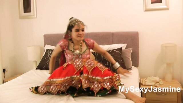 My Sexy Jasmine in sexy red lehenga choli, hot Indian teen posing on bed