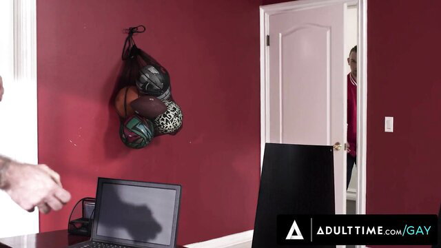 Dylan Hayes peeks from door in locker room with coach in wild twink threesome