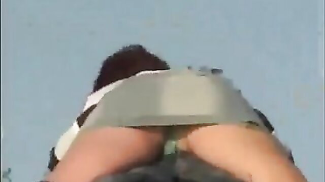 Voyeur spies kinky partner bending over in public, short skirt upskirt ass view