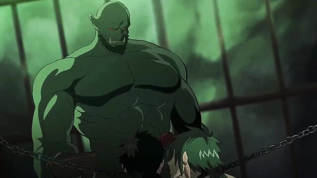 Green orc hunk dominates chained green-haired anime babe in intense hentai scene