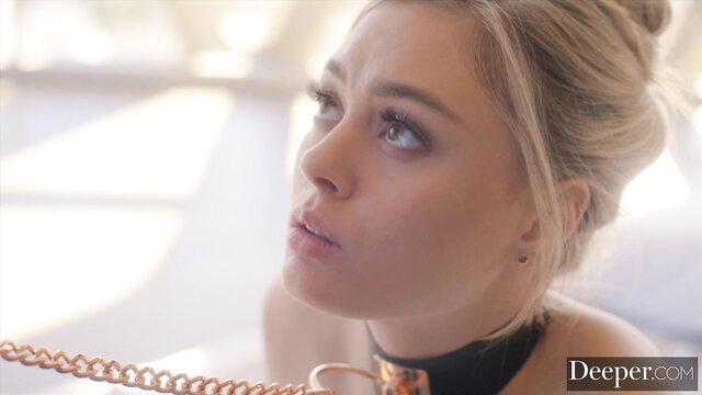 Amber Moore in choker, blonde beauty in BDSM tease