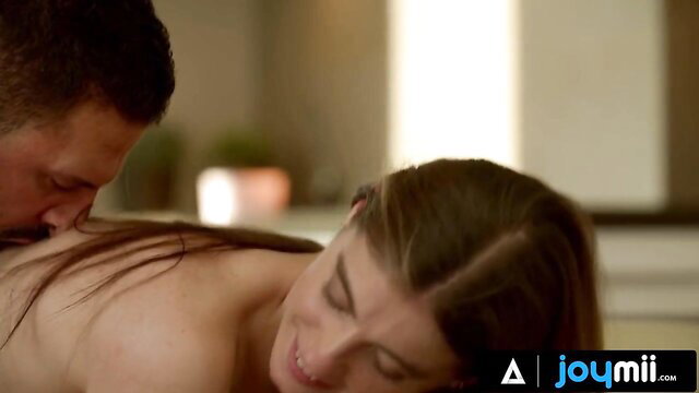 Hot brunette with perfect tits kissed on naked back in steamy HD fuck scene