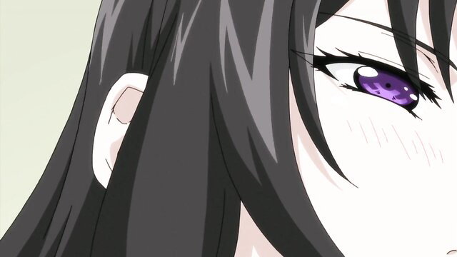 Closeup of seductive Japanese hentai MILF's purple eyes and blushing face