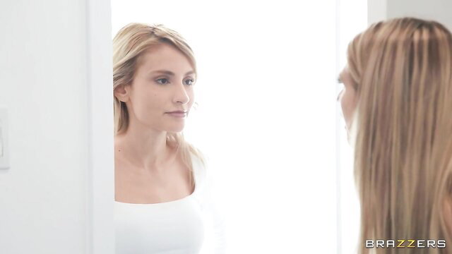 Angie Faith in white top mirror tease, Brazzers BBW star