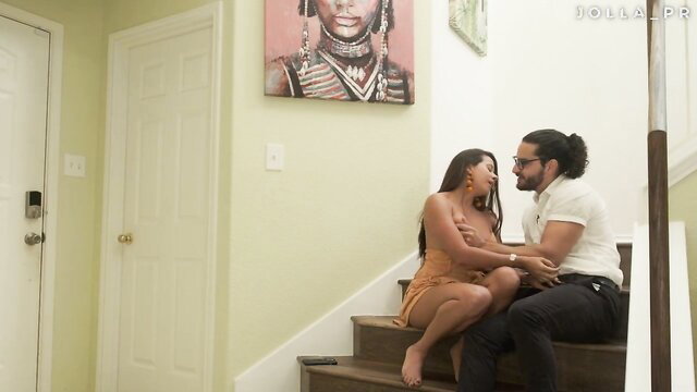 Latina Jolla PR in mini dress kissed by long-haired man on stairs