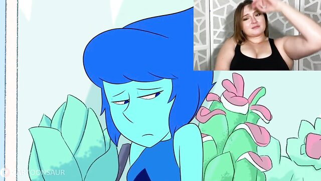 Chubby brunette reacts to Lapis Lazuli hentai, frustrated facecam