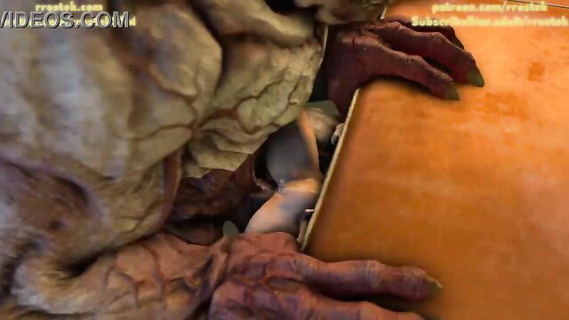 3D animation babe destroyed by huge monster cock under table