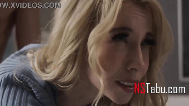 Blonde teen sucking stepbro cock to pass class, closeup blowjob