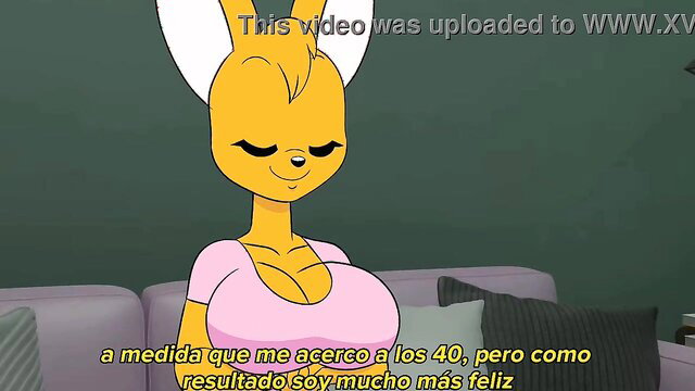 Busty cartoon fox girl smiling in tight pink top, happy face closeup