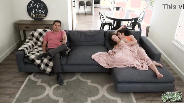 David Lee watches horny Dharma Jones cuddle nude on couch