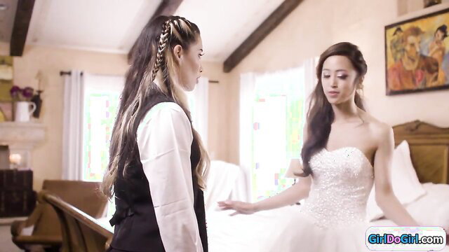 Aria Lee in vest licks bride Alexia Anders before wedding