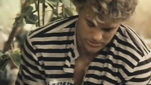 Hot young white guy in striped shirt in wild forest, classic porn thumbnail