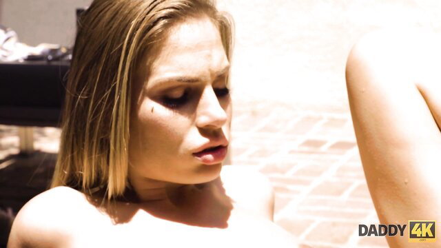 Skinny blonde babe topless poolside closeup pout 4K