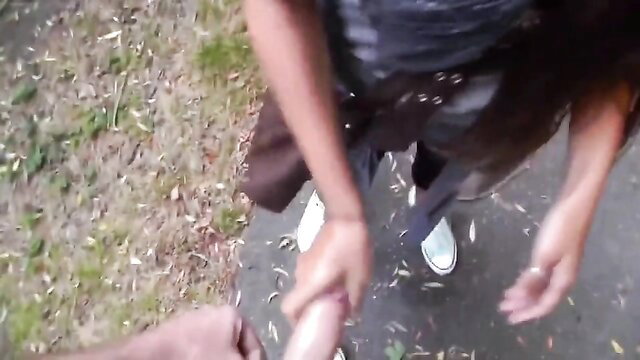 Kinky teen outdoor blowjob on huge cock with cumshot