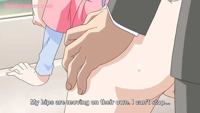 Hentai teen's hips grind uncontrollably on man's hand in wild submissive scene