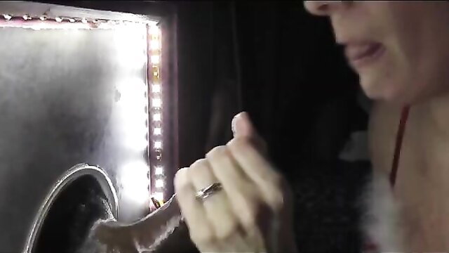 Hotwife tasting gloryhole cock in makeup room, red lingerie tease