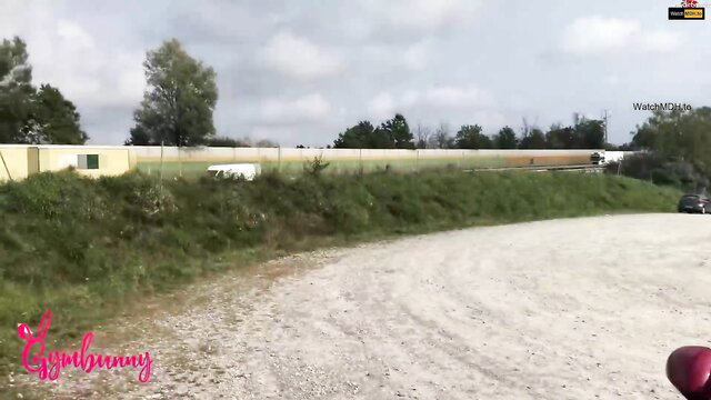 Gymbunny's public outdoor POV with big tits bouncing