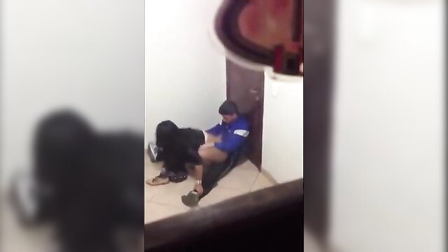 Amateur Asian woman squats over guy in hidden cam public bathroom fuck