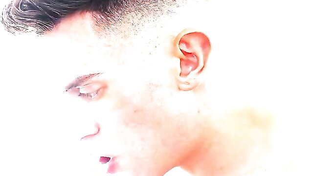 Closeup of twink Trevor Brooks' handsome face and ear in uniform tease