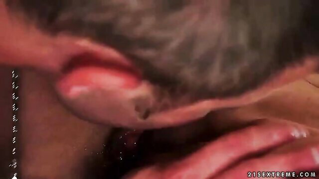 Closeup of granny's wet gaping pussy and ear in extreme masturbation clip