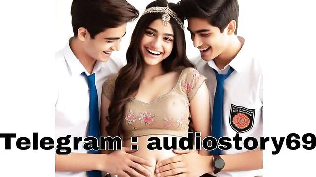 Busty Indian schoolgirl with two boys smiling in uniforms