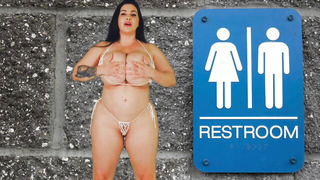 Korina K busty Latina in tiny thong flashing tits at restroom