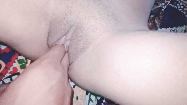 Stepbrother fingers stepsister's tight hairy pussy up close